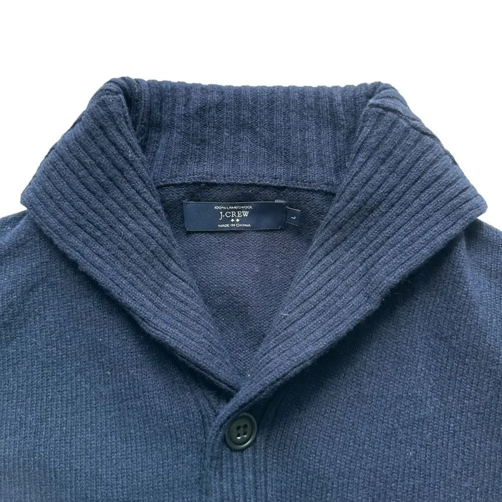 🔃J. Crew Men’s Blue Lambswool Shawl Collar Front Button Pullover Sweater